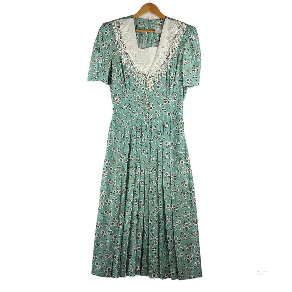 Miss Dorby Vintage Sailor Dress 80s-90s Ditsy Floral Women's Size 12 Teal White